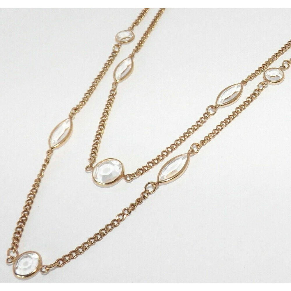 1928 Collection Vintage LONG Multi Strand Necklace Bezel Austrian Crystal Gold